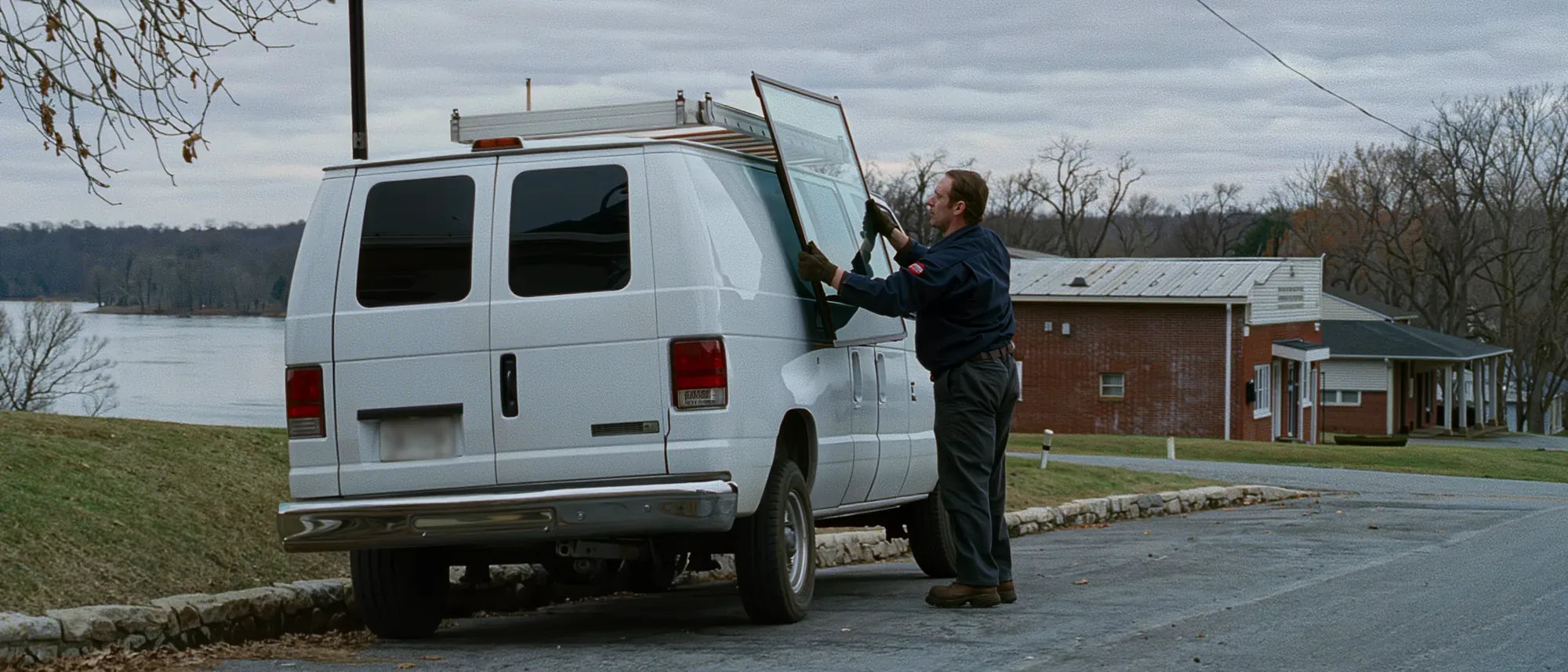 An auto glass technician sliding a windshield out of the side rack of a mobile service van on a riverside street in Penns Grove