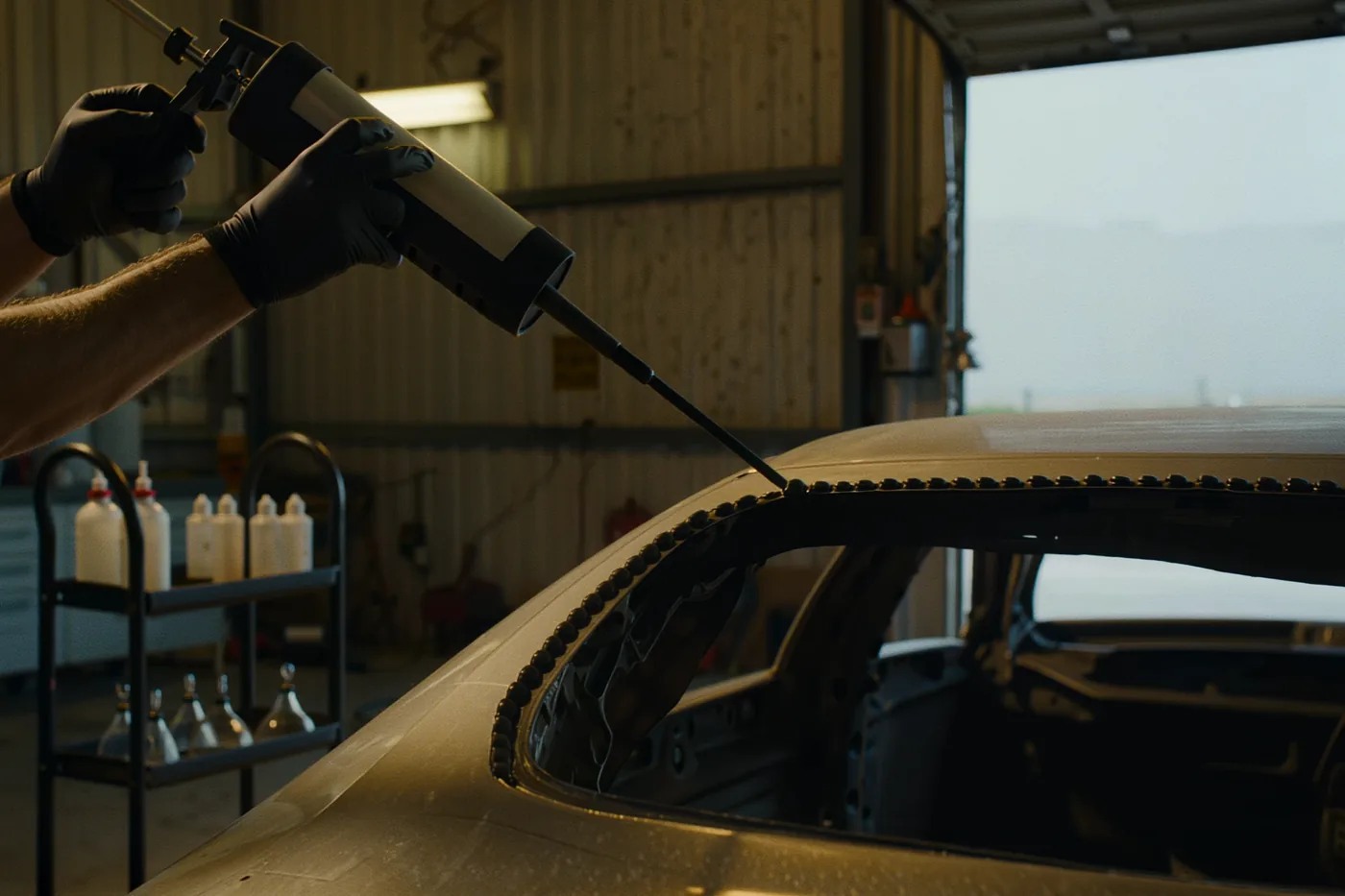 Gloved hands running a urethane bead along the pinchweld of a stripped windshield frame in the shop bay